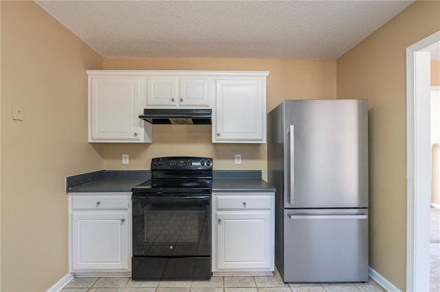 kitchen featuring stainless steel refrigerator, black electric range oven, a textured ceiling, and white cabinets