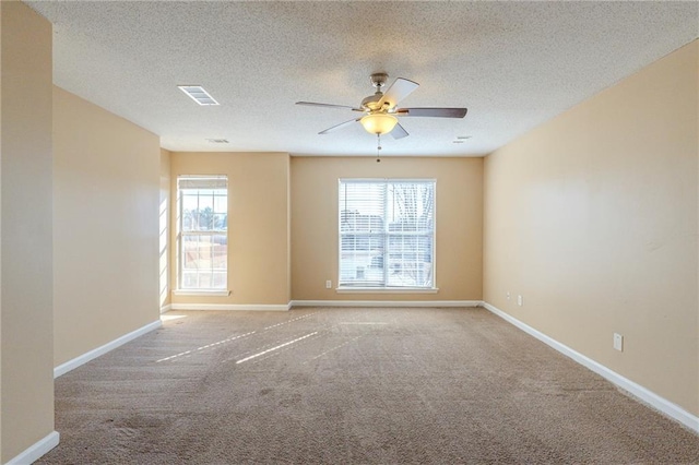 unfurnished room with carpet, a wealth of natural light, a textured ceiling, and ceiling fan