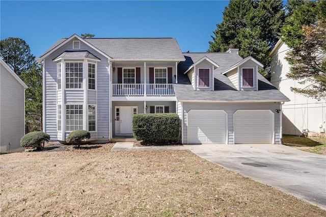 view of front of house featuring an attached garage, a balcony, a front lawn, and concrete driveway