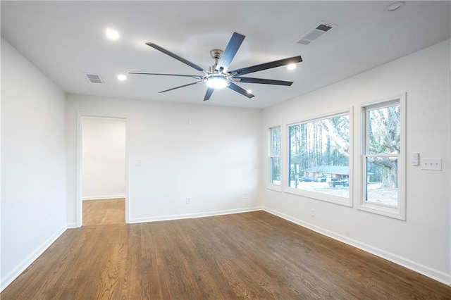 4605 Doss Cir, Powder Springs, GA 30127 - empty room featuring baseboards, ceiling fan, visible vents, and dark wood finished floors