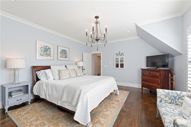 bedroom with an inviting chandelier, crown molding, and dark hardwood / wood-style floors