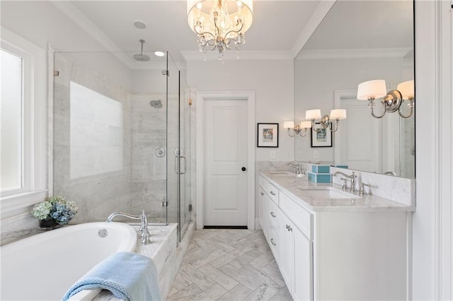 bathroom featuring tile flooring, a notable chandelier, double vanity, plus walk in shower, and ornamental molding