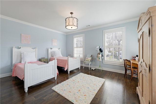 bedroom with crown molding and dark hardwood / wood-style flooring