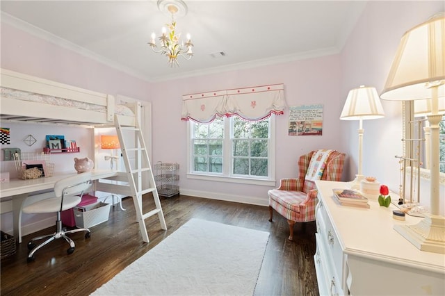 office area with a chandelier, dark wood-type flooring, and crown molding