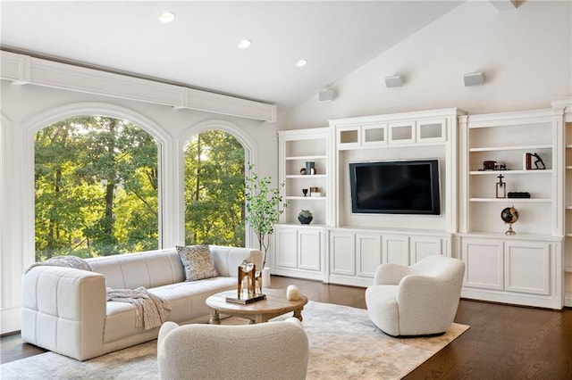 living room featuring vaulted ceiling and dark wood-type flooring