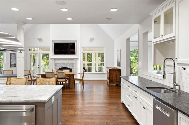 kitchen featuring stainless steel dishwasher, dark wood-type flooring, tasteful backsplash, sink, and a high end fireplace