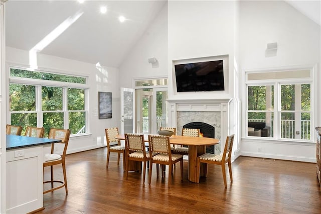 dining room with a fireplace, high vaulted ceiling, and dark hardwood / wood-style floors