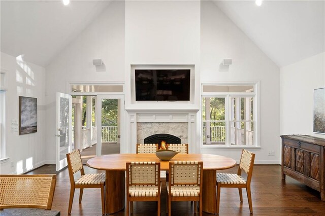 dining space featuring dark hardwood / wood-style flooring, a fireplace, and high vaulted ceiling