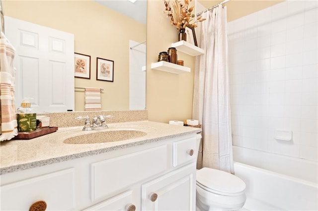 bathroom featuring toilet, vanity, and shower / tub combo with curtain