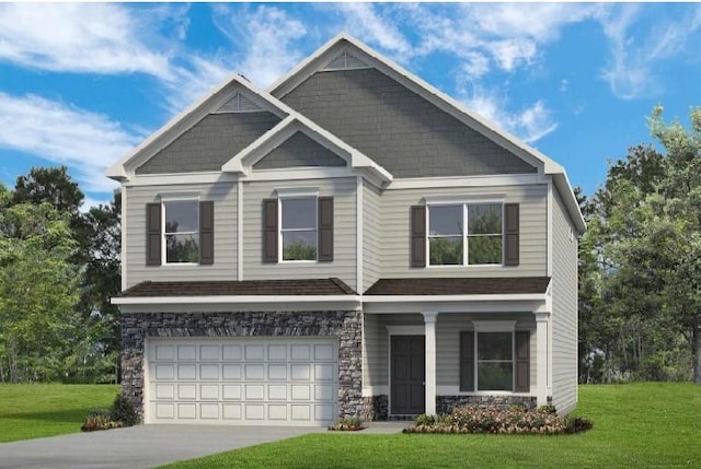 craftsman-style house featuring a porch, a garage, a front lawn, concrete driveway, and stone siding