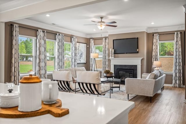 living area with a ceiling fan, crown molding, a high end fireplace, wood finished floors, and recessed lighting