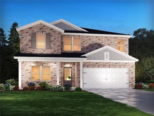 traditional-style house with a garage, a front lawn, brick siding, and driveway