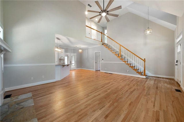 unfurnished living room with light wood-type flooring, high vaulted ceiling, ceiling fan, and sink