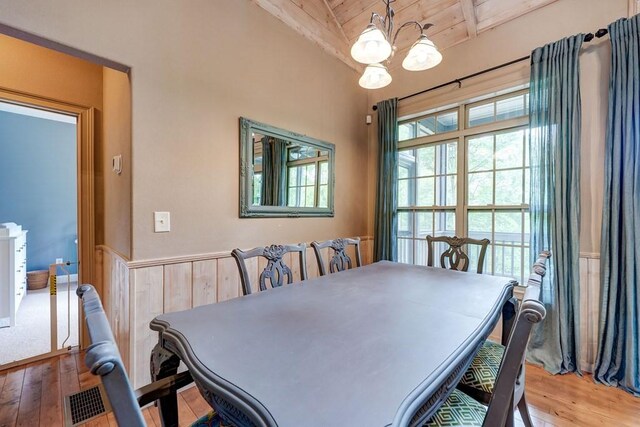 43 Morley Dr, Ellijay, GA 30540 - dining space with wood ceiling with exposed beams, a wainscoted wall, a chandelier, and hardwood / wood-style flooring