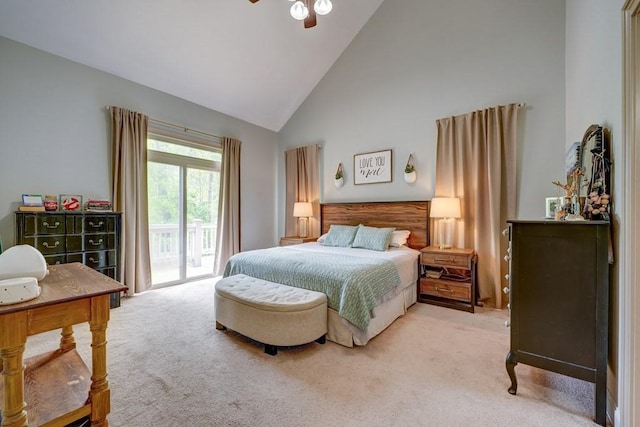 43 Morley Dr, Ellijay, GA 30540 - bedroom featuring access to exterior, light colored carpet, high vaulted ceiling, and a ceiling fan