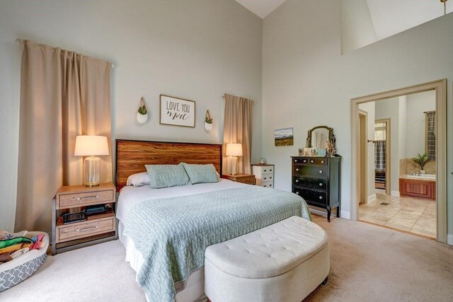 43 Morley Dr, Ellijay, GA 30540 - bedroom with carpet flooring, high vaulted ceiling, baseboards, and ensuite bathroom
