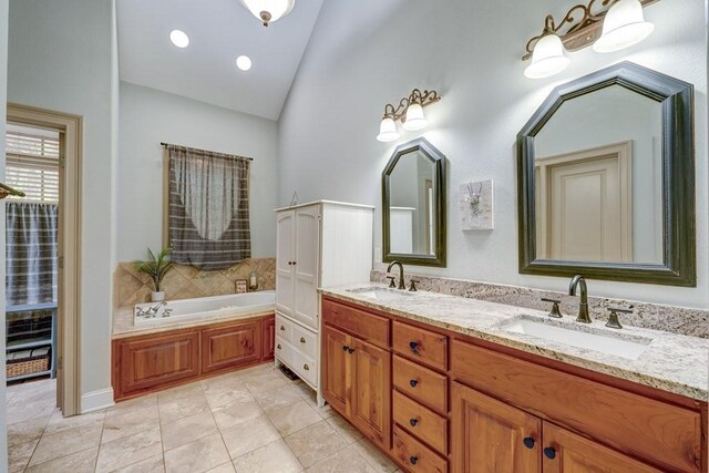 43 Morley Dr, Ellijay, GA 30540 - full bathroom with double vanity, a bath, tile patterned flooring, and high vaulted ceiling