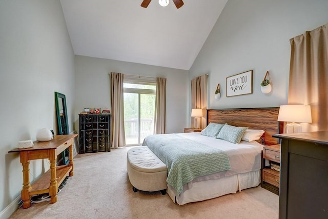 43 Morley Dr, Ellijay, GA 30540 - bedroom featuring access to outside, light colored carpet, ceiling fan, and high vaulted ceiling
