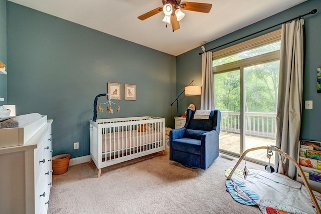 43 Morley Dr, Ellijay, GA 30540 - carpeted bedroom with baseboards, ceiling fan, and access to exterior