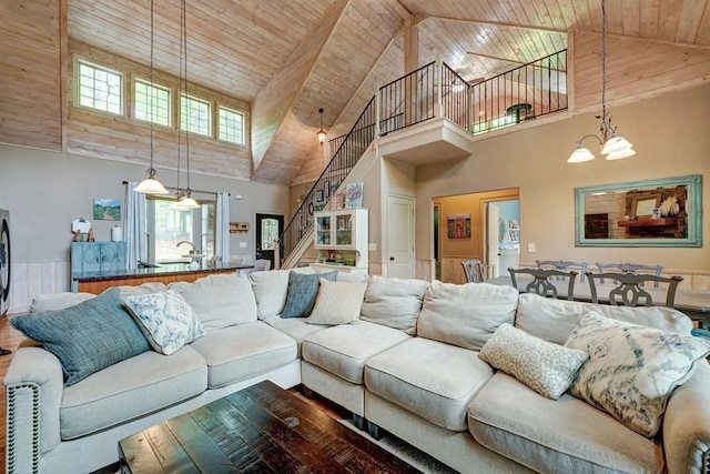43 Morley Dr, Ellijay, GA 30540 - living room with high vaulted ceiling, a chandelier, wood ceiling, wainscoting, and plenty of natural light