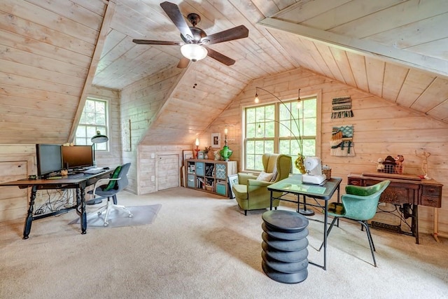 43 Morley Dr, Ellijay, GA 30540 - carpeted office space featuring wooden walls, wooden ceiling, vaulted ceiling, and a ceiling fan