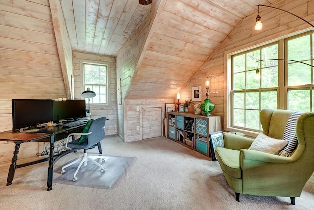 43 Morley Dr, Ellijay, GA 30540 - carpeted home office with wood walls, wooden ceiling, and vaulted ceiling
