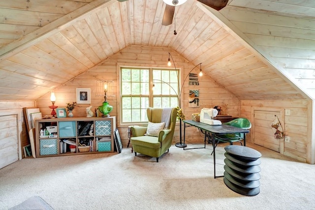 43 Morley Dr, Ellijay, GA 30540 - office area featuring wood walls, carpet flooring, lofted ceiling, a ceiling fan, and wooden ceiling