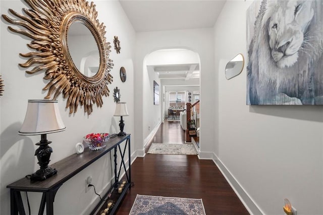 hall with beamed ceiling, dark wood-type flooring, and coffered ceiling