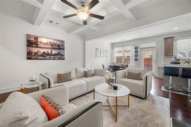 living room with ceiling fan, beamed ceiling, wood-type flooring, and coffered ceiling