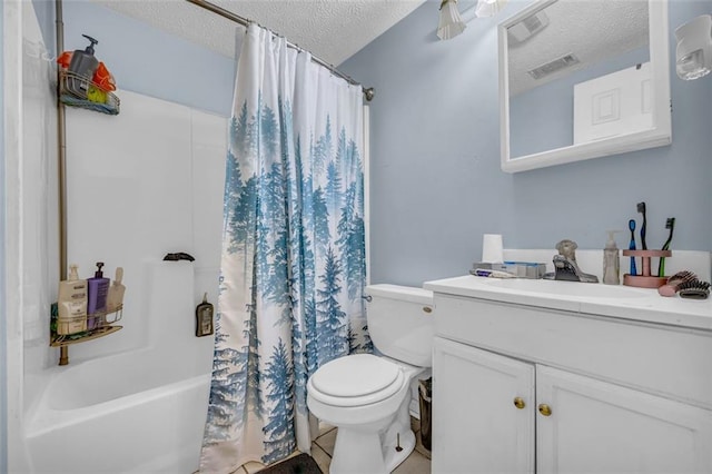 full bathroom with vanity, shower / tub combo, toilet, and a textured ceiling