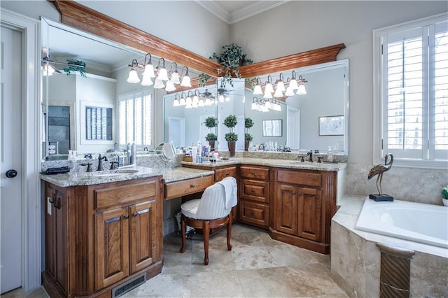 bathroom with crown molding, a relaxing tiled bath, tile floors, and a wealth of natural light