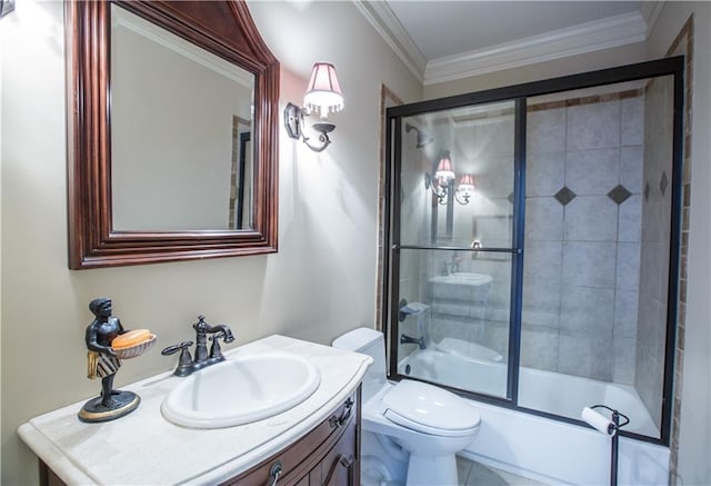 full bathroom featuring vanity, shower / bath combination with glass door, toilet, and ornamental molding