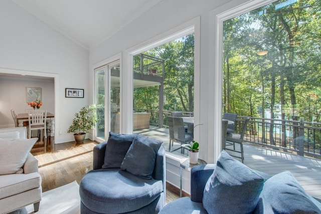 6144 Scott Dr, Flowery Branch, GA 30542 - living room with wood finished floors and high vaulted ceiling
