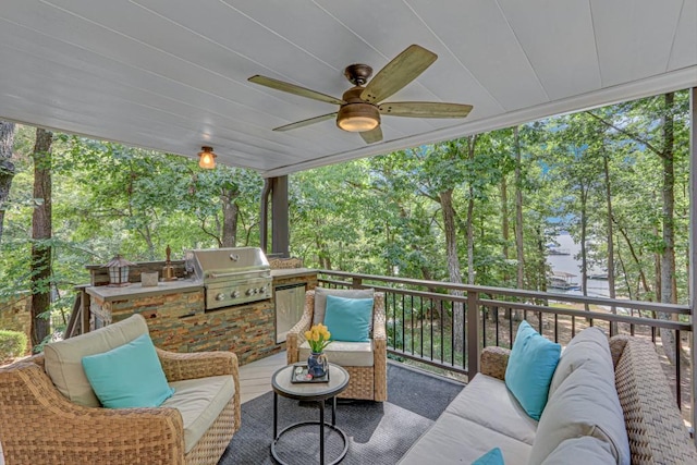 6144 Scott Dr, Flowery Branch, GA 30542 - view of patio / terrace with outdoor lounge area, a ceiling fan, and view of wooded area