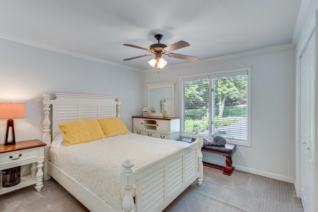 6144 Scott Dr, Flowery Branch, GA 30542 - bedroom with light colored carpet, baseboards, crown molding, a ceiling fan, and a closet