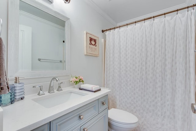 6144 Scott Dr, Flowery Branch, GA 30542 - bathroom with vanity, toilet, ornamental molding, and a shower with curtain