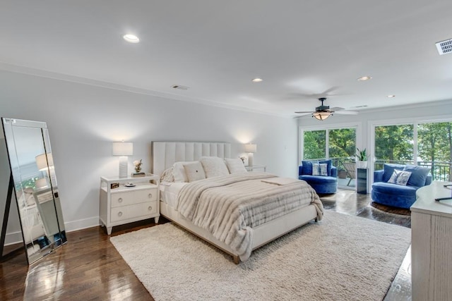 6144 Scott Dr, Flowery Branch, GA 30542 - bedroom with ornamental molding, access to exterior, a ceiling fan, recessed lighting, and dark wood finished floors