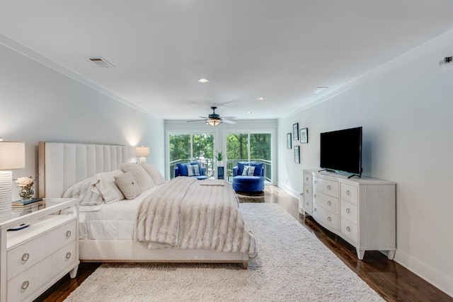 6144 Scott Dr, Flowery Branch, GA 30542 - bedroom featuring crown molding, ceiling fan, baseboards, dark wood-style floors, and recessed lighting