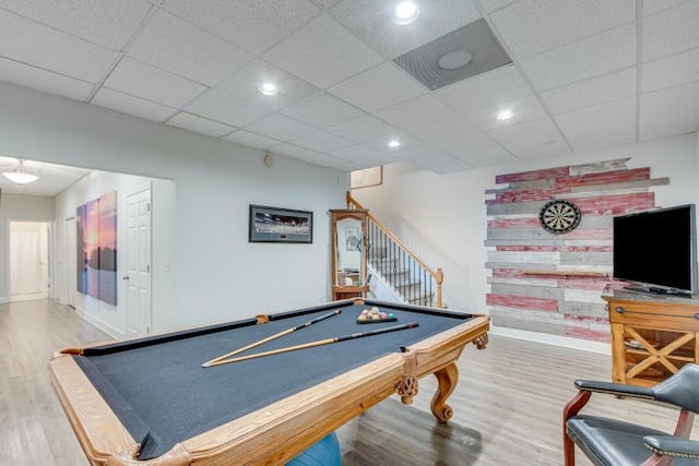 6144 Scott Dr, Flowery Branch, GA 30542 - rec room with wood finished floors, baseboards, billiards, recessed lighting, and a drop ceiling