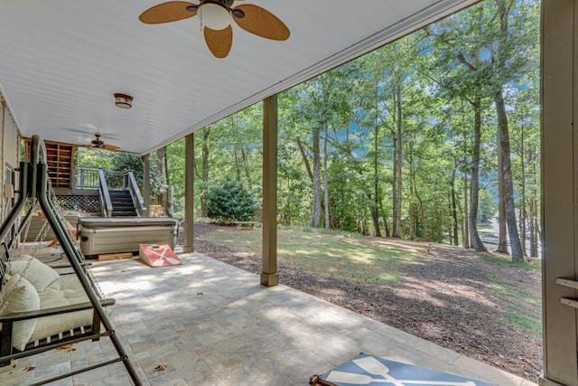 6144 Scott Dr, Flowery Branch, GA 30542 - view of patio featuring ceiling fan, a hot tub, stairs, and view of wooded area