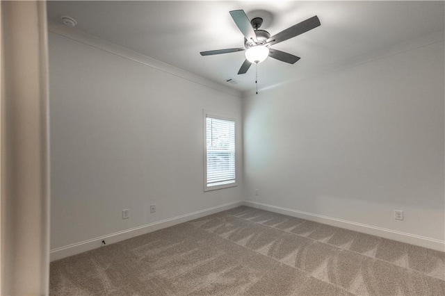 spare room with carpet flooring, ceiling fan, and ornamental molding