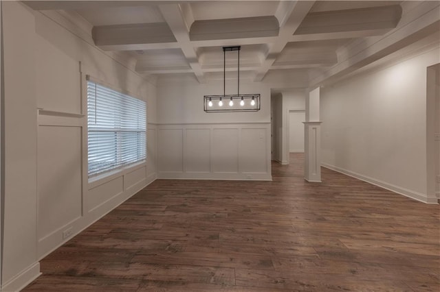 unfurnished dining area featuring dark hardwood / wood-style flooring, beamed ceiling, and coffered ceiling