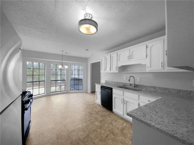 kitchen featuring sink, white cabinets, a textured ceiling, decorative light fixtures, and black appliances