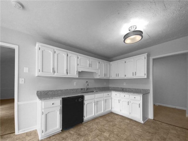 kitchen with sink, white cabinets, a textured ceiling, dishwasher, and light stone counters