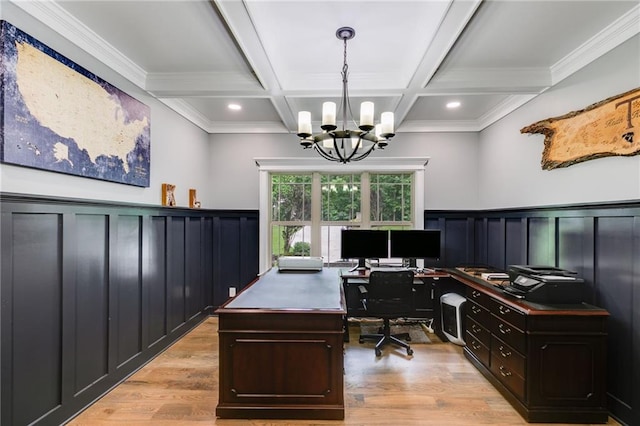 7269 Tyree Rd, Winston, GA 30187 - office featuring coffered ceiling, beam ceiling, a chandelier, a decorative wall, and a wainscoted wall