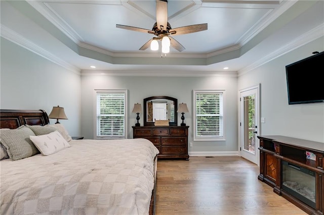 7269 Tyree Rd, Winston, GA 30187 - bedroom featuring access to exterior, wood finished floors, a raised ceiling, crown molding, and ceiling fan