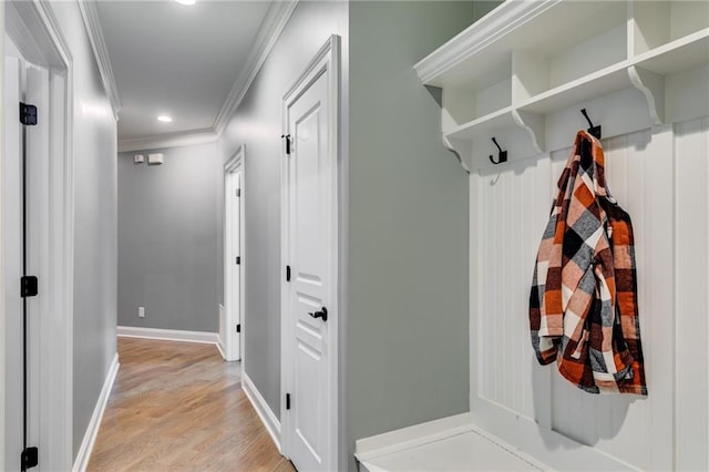 7269 Tyree Rd, Winston, GA 30187 - mudroom featuring ornamental molding, light wood-style flooring, and recessed lighting