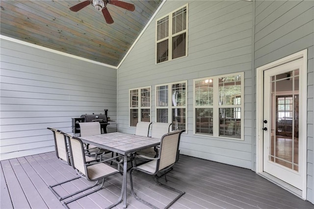 7269 Tyree Rd, Winston, GA 30187 - wooden terrace with outdoor dining area and a ceiling fan