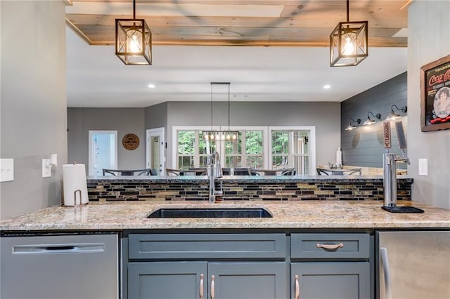 7269 Tyree Rd, Winston, GA 30187 - kitchen featuring dishwasher, fridge, decorative backsplash, light stone countertops, and recessed lighting