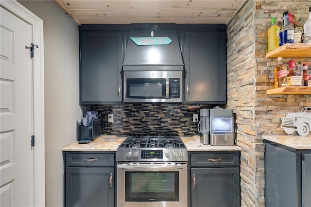 7269 Tyree Rd, Winston, GA 30187 - kitchen featuring stainless steel appliances, backsplash, gray cabinetry, light stone countertops, and wood ceiling